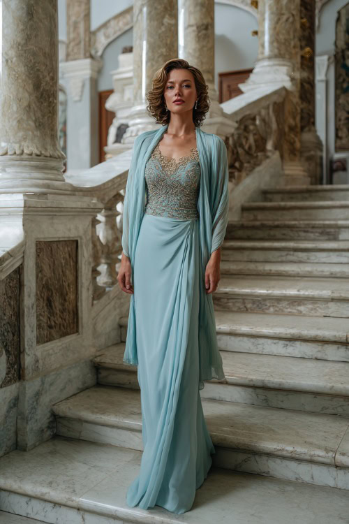 A woman over 50 wearing a pale blue floor-length gown with beaded neckline and chiffon shawl, walking down a staircase in a grand estate wedding venue