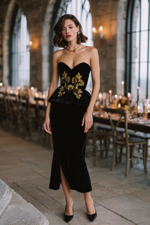 A woman wears a black velvet cocktail dress with a sweetheart neckline, peplum waist, and gold foil floral appliqueÌ, styled with classic pumps