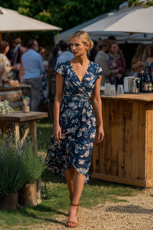A woman in a navy floral print short-sleeve dress with ankle strap sandals, walking beside a garden bar area at a laid-back summer wedding, full body view