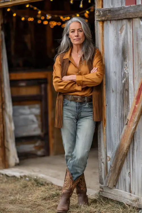 woman over 50 wears straight-leg jeans with a satin blouse tucked in, styled with a suede fringe jacket and cowboy boots, standing near a rustic barn with string lights