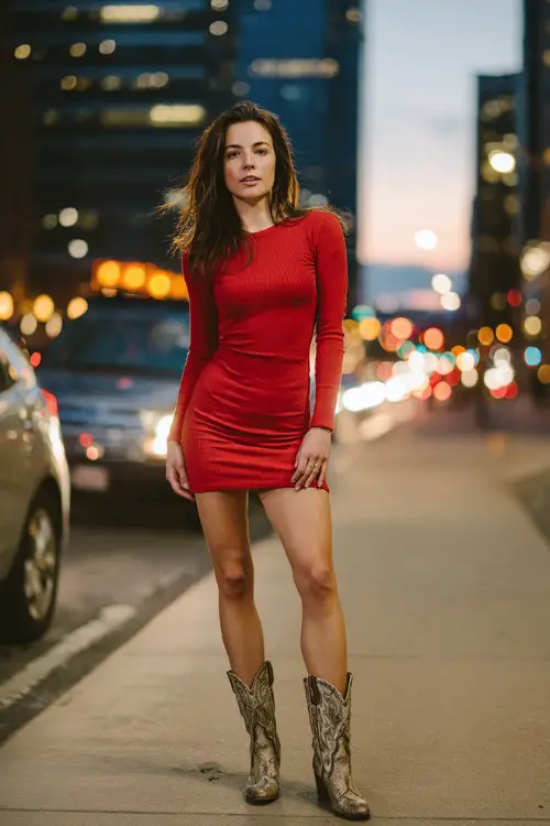 A woman wears a fitted red ribbed long-sleeve mini dress with snakeskin print cowboy boots