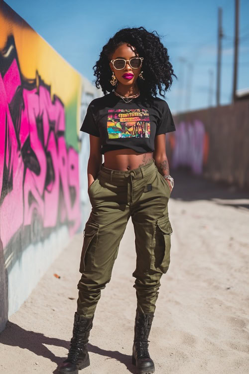A confident Black woman in a graphic crop tee with high-waisted cargo pants and combat boots, accessorized with a bold lip and sunglasses
