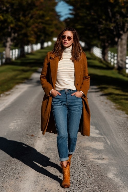 A woman wears cuffed blue jeans with short tan cowboy boots and a tucked-in ribbed turtleneck, topped with a camel wool coat