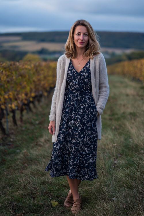 A woman wears a navy blue floral print midi dress with a smocked waist, styled with wedge sandals and a lightweight cardigan, posing in a countryside vineyard wedding in November