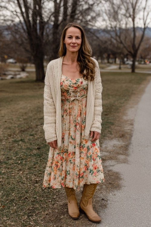A woman in her 30s wears tall beige cowboy boots, a floral chiffon maxi dress
