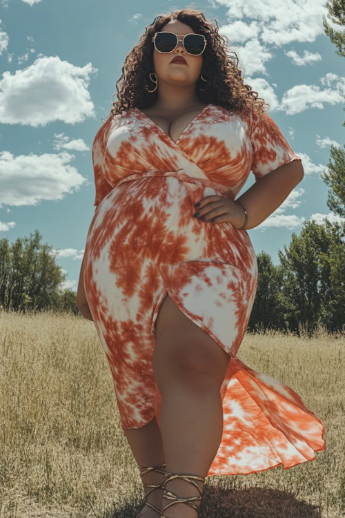 A trendy plus-size woman in a tie-dye wrap dress with a cinched waist, styled with lace-up gladiator sandals and oversized sunglasses, posing in a sunlit festival field