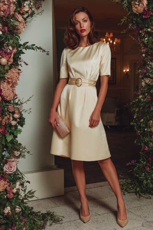 A woman wears a champagne A-line dress with a belted waist and short sleeves (2)