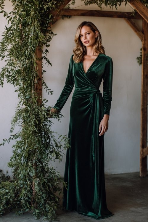 a woman over 50 in a deep emerald velvet wrap gown with long sleeves