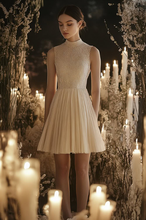 A stylish woman in a metallic champagne short A-line dress with a high neckline, lace appliqueÌs, and subtle pleats (2)