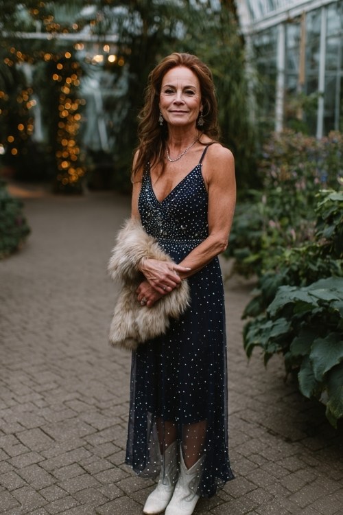 A woman over 40 wears a navy gown with sheer beaded overlay dotted with star-like sequins, styled with white cowboy boots and a faux-fur stole