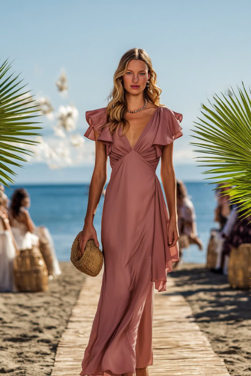 A woman wears a dusty rose chiffon midi dress with flutter sleeves, styled with wedge sandals and a straw clutch, walking along a decorated seaside wedding aisle with palm fronds