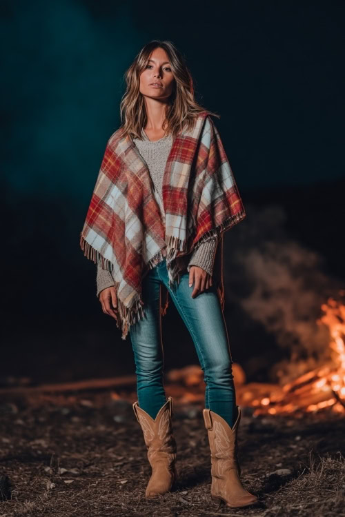 A woman wears a plaid poncho draped over a fitted sweater and skinny jeans, styled with suede cowboy boots, standing by a bonfire at a chilly country night concert