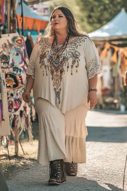 A plus-size woman in a tunic-length embroidered top over flared cotton pants, paired with fringe boots and beaded accessories