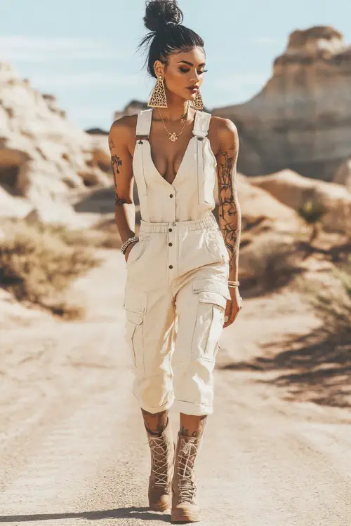 A woman wearing a utility romper with side pockets and lace-up boots, accessorized with bold earrings and a top knot