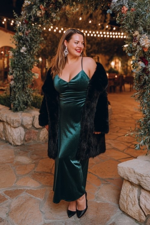 A plus-size woman wears an emerald green velvet gown with a black faux fur coat (2)