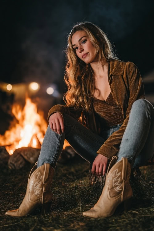 A woman wears a velvet long sleeve top tucked into skinny jeans, paired with a suede jacket and pointed-toe cowboy boots, standing near a bonfire at a cold night festival