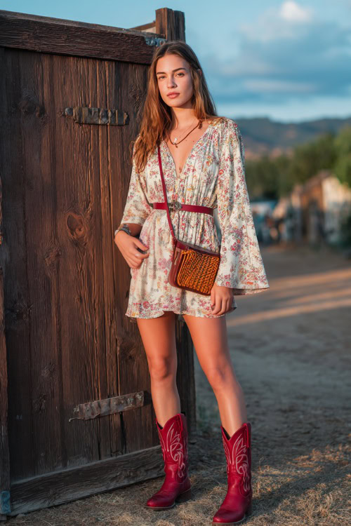 A woman wearing a short boho-style dress with bell sleeves, paired with red western boots and a woven crossbody bag