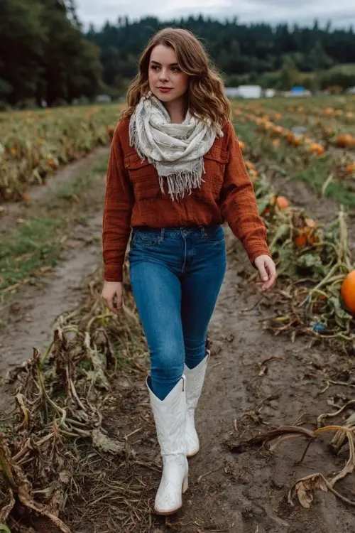 A curvy woman wears tall cowboy boots outfit for fall with blue skinny jeans, a rust-colored flannel, and a cozy scarf