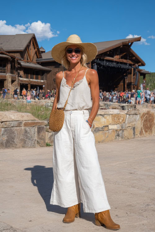 A woman over 40 wearing wide-leg white pants, a tucked-in sleeveless top with subtle ruffle details, and tan cowgirl boots