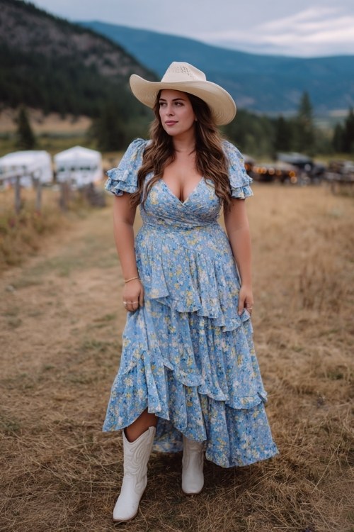 A plus-size woman wears a sky-blue floral maxi dress with tiered ruffles, styled with white cowboy boots and a wide-brim straw hat