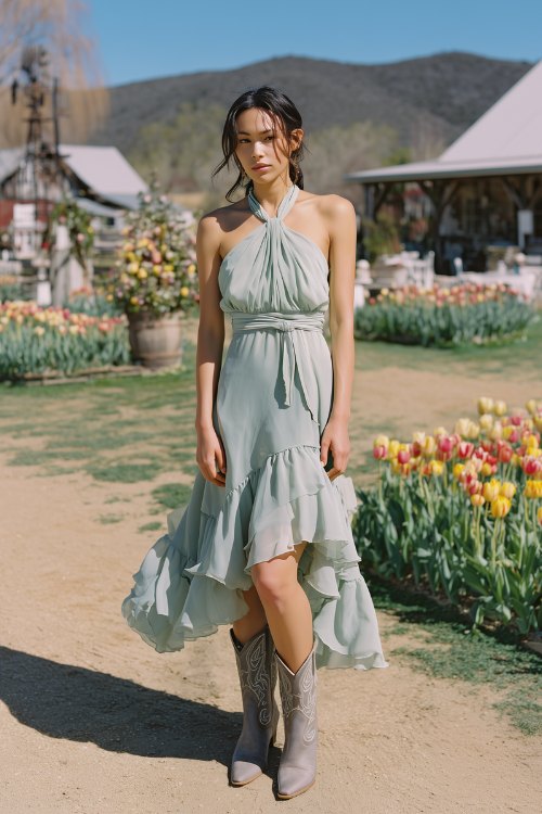 A woman in a mint chiffon halter dress with a layered hem and back bow detail, styled with gray cowboy boots