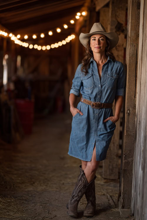 A woman over 50 wears a denim shirtdress cinched with a belt, styled with cowboy boots and a felt hat, standing by a barn stage glowing with string lights