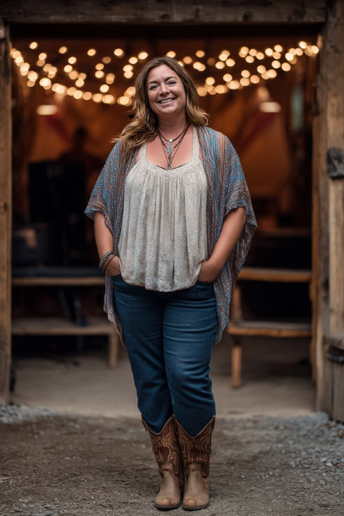 A curvy woman wears dark blue bootcut jeans with a flowy bohemian blouse, paired with cowboy boots and layered necklaces, standing near a wooden barn stage glowing with string lights