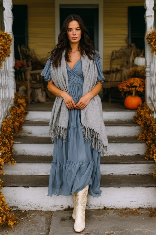 a woman in a dusty blue chiffon maxi dress with flutter sleeves and a pleated skirt, paired with cream cowboy boots and a soft gray wool shawl