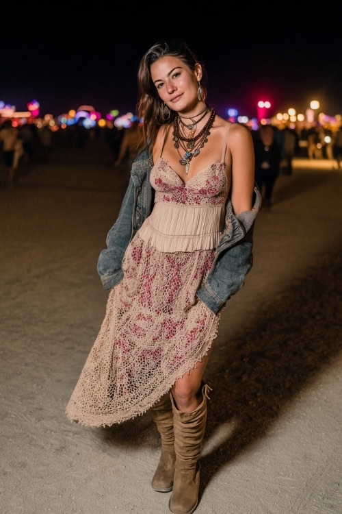 A woman over 40 wears a bohemian crochet maxi dress with a denim jacket, layered necklaces, and suede boots under festival lights