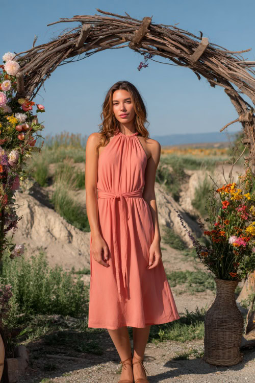 A woman in a coral sleeveless A-line dress with a soft waist tie and woven sandals, standing beside a rustic wooden wedding arch decorated with wildflowers