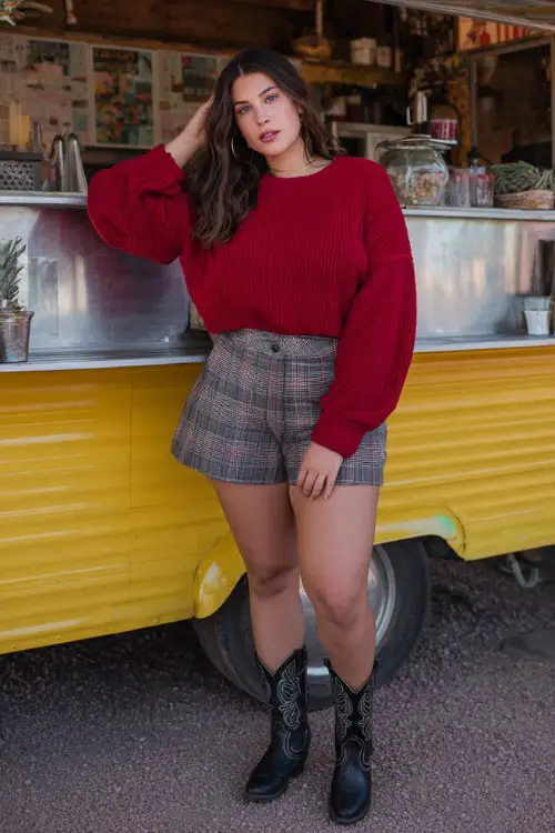 A curvy woman wears a loose red sweater tucked into a high-waisted plaid mini skirt, with black embroidered cowboy boots