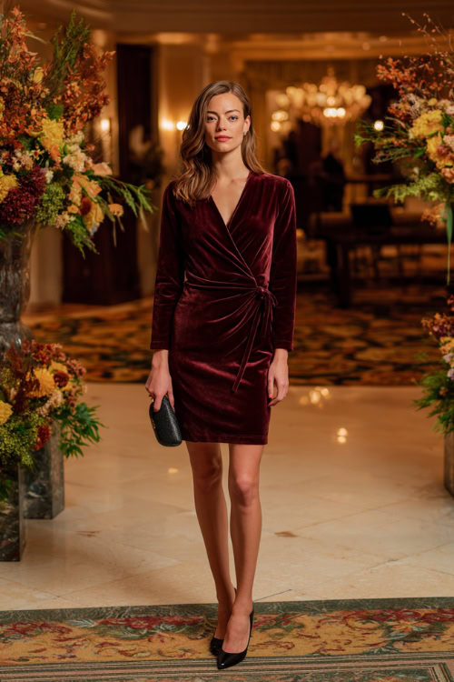 A woman wears a knee-length burgundy velvet wrap dress with long sleeves, paired with classic black pumps and a clutch