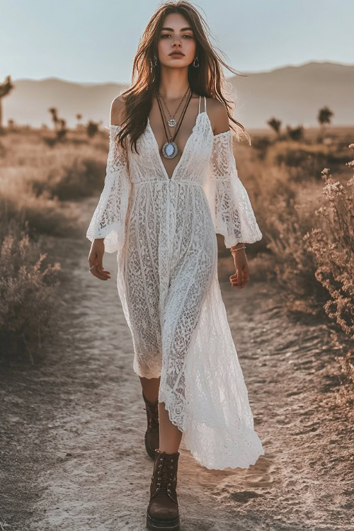 A stylish woman in a white lace maxi dress with long bell sleeves and a deep V-neckline, paired with brown ankle boots and layered necklaces