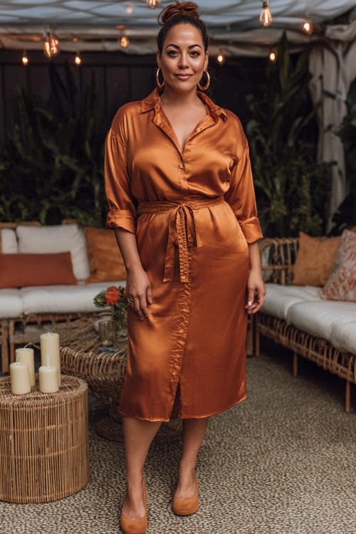 A curvy woman over 40 wears a copper satin shirt-dress midi with rolled cuffs and a braided belt