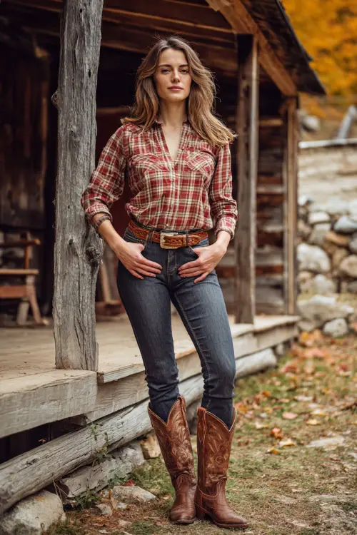 A woman wears high-waisted skinny jeans with a plaid button-down shirt tucked in, styled with a leather belt and brown cowboy boots, standing at a rustic outdoor stage with autumn leaves