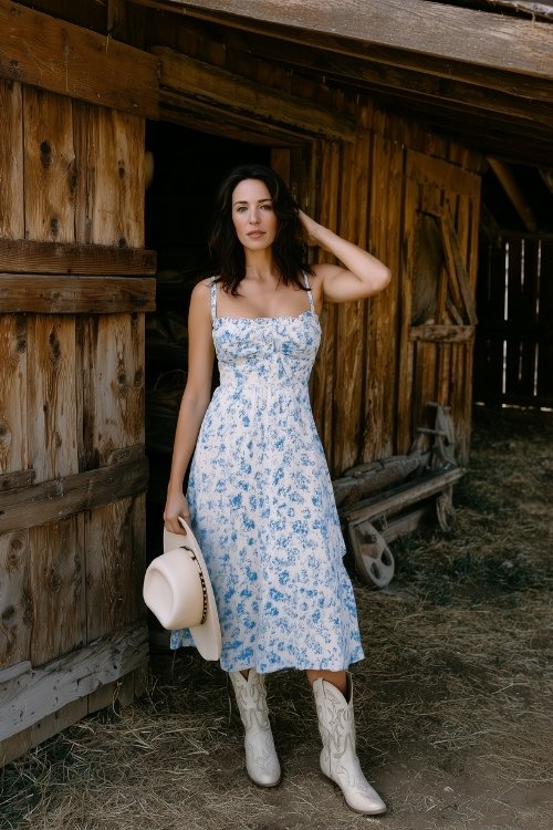 A woman in a white and blue floral dress with a square neckline and white cowboy boots