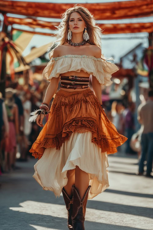 A confident woman in a flowing off-the-shoulder peasant blouse with a tiered bohemian maxi skirt, accessorized with cowboy boots and feather earrings