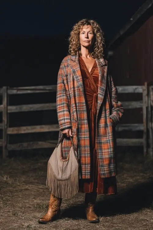 A woman over 40 wears a long plaid coat over a velvet dress with cowboy boots, holding a fringe bag at a nighttime barn concert
