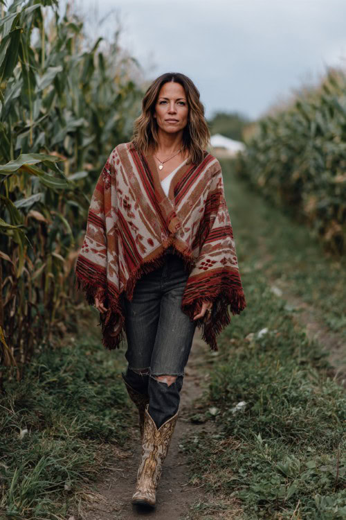 A woman over 40 wears straight-leg jeans, a cozy poncho with fringe, and snakeskin-print cowboy boots