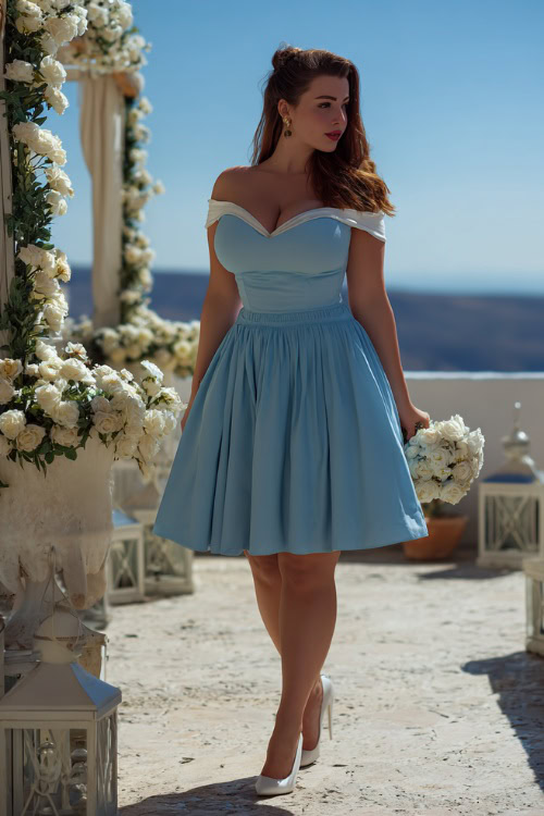 A plus-size woman in a sky blue off-shoulder midi dress with short sleeves and white heels, walking on a terrace decorated with white flowers and lanterns
