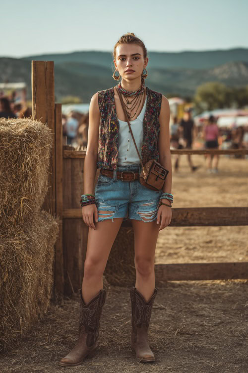 A midsize woman in distressed denim shorts, a tucked-in sleeveless blouse, and dark brown western boots, accessorized with beaded earrings and a crossbody purse