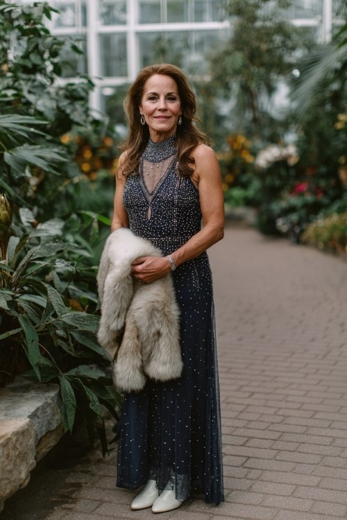 A woman over 40 wears a navy gown with sheer beaded overlay dotted with star-like sequins, styled with white cowboy boots and a faux-fur stole, posing in a candlelit winter garden