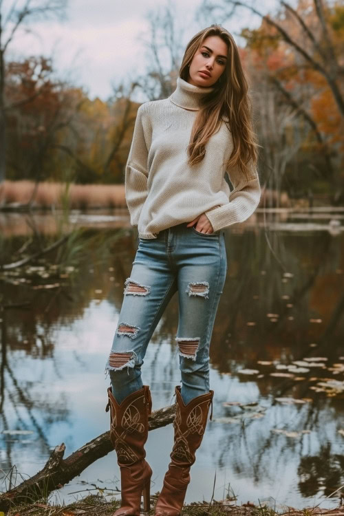 a woman wears a sweater, ripped jeans and brown cowboy boots (3)