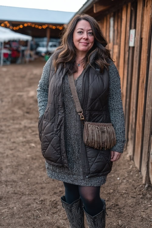 A plus size woman wears a long puffer vest over a knit sweater dress, styled with black tights and cowboy boots, holding a fringe crossbody bag at a rustic barn concert