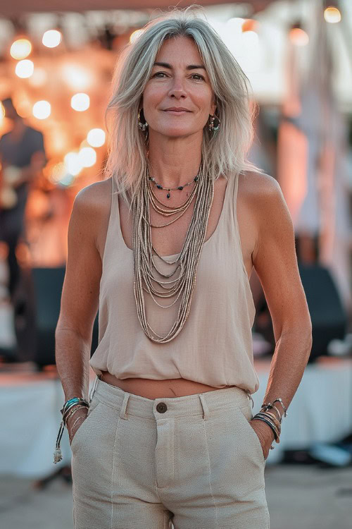 A fashionable woman over 40 in a pair of tailored beige shorts, paired with a sleeveless tank top and wedge espadrilles, accessorized with layered necklaces