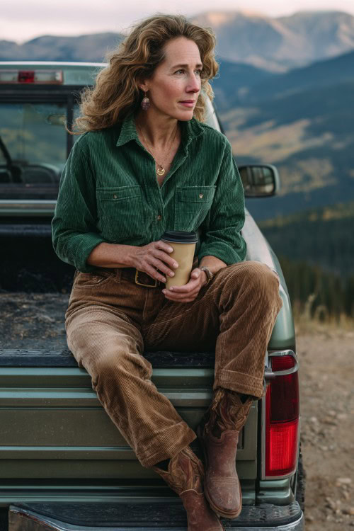 A woman over 40 wears bootcut jeans, a deep green button-down corduroy shirt, and brown classic cowboy boots