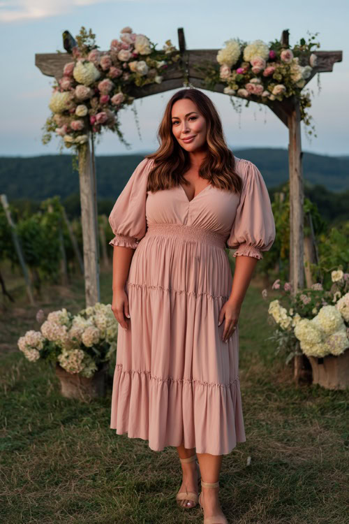 A plus-size woman over 50 in a blush pink midi dress with tiered ruffles and puff sleeves, posing beside a flower arch in an outdoor vineyard ceremony