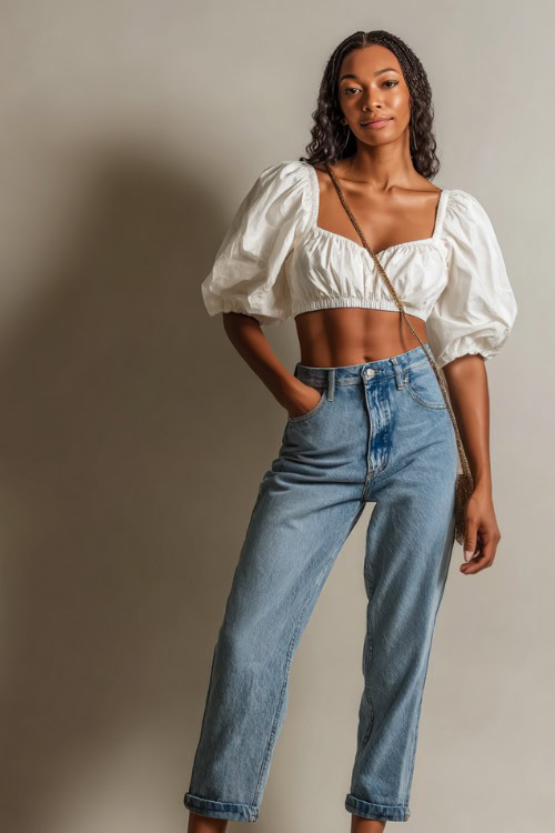 A woman wearing a cropped white blouse with puff sleeves and high-waisted jeans, paired with mules and a crossbody bag, styled for a relaxed summer night at the bar