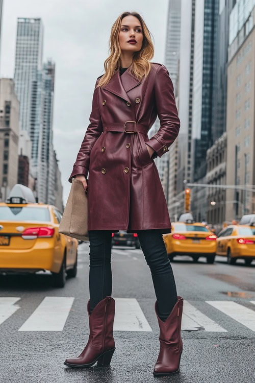 A fashionable woman standing on a busy city street wearing a maroon leather trench coat with brass buttons. She s styled with matching maroon cowboy boots and dark skinny jeans