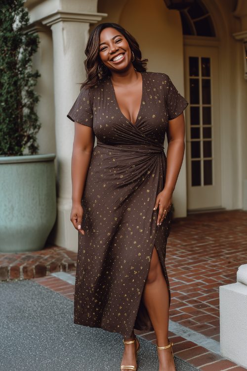A plus-size black woman wears a chocolate brown wrap dress with tiny embroidered leaves and gold heels in a night wedding